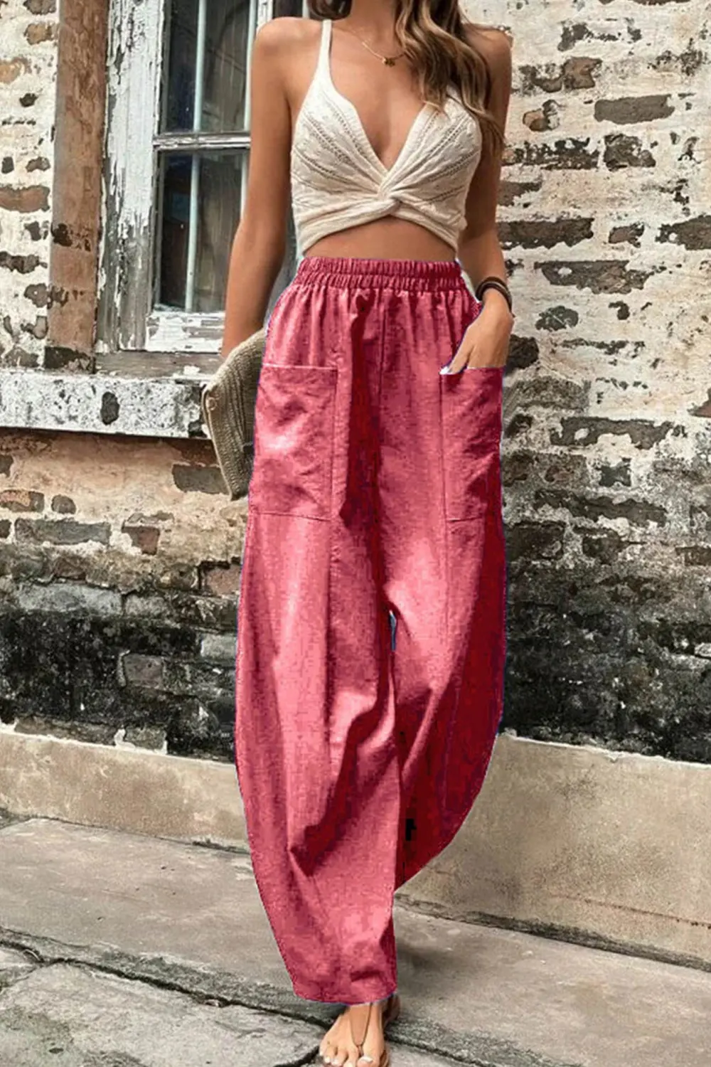 Elastic Waist Pocket Harem Pants
