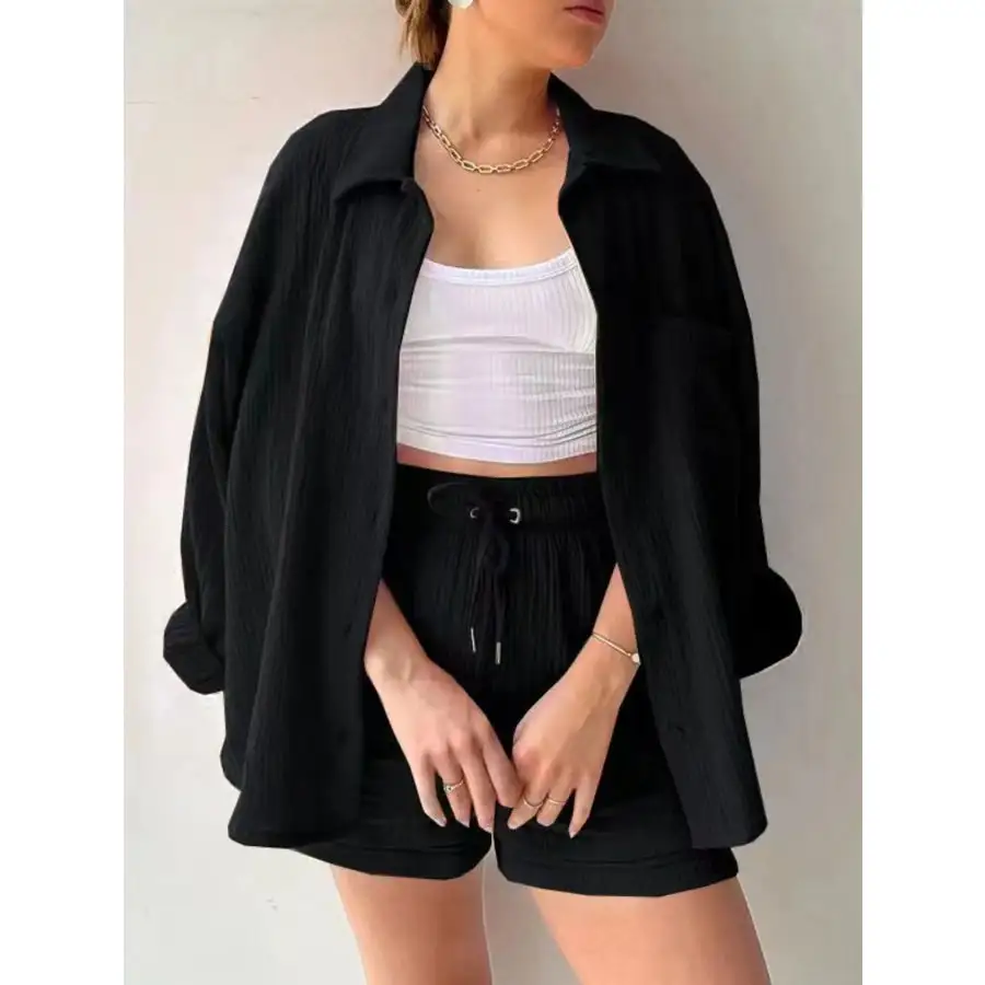 Relaxed Textured Button Up Shirt and Shorts Set