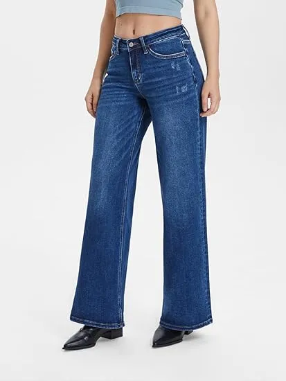 Mid-low Rise Baggy Jeans Stretchy Wide Leg for Women Distressed Pants