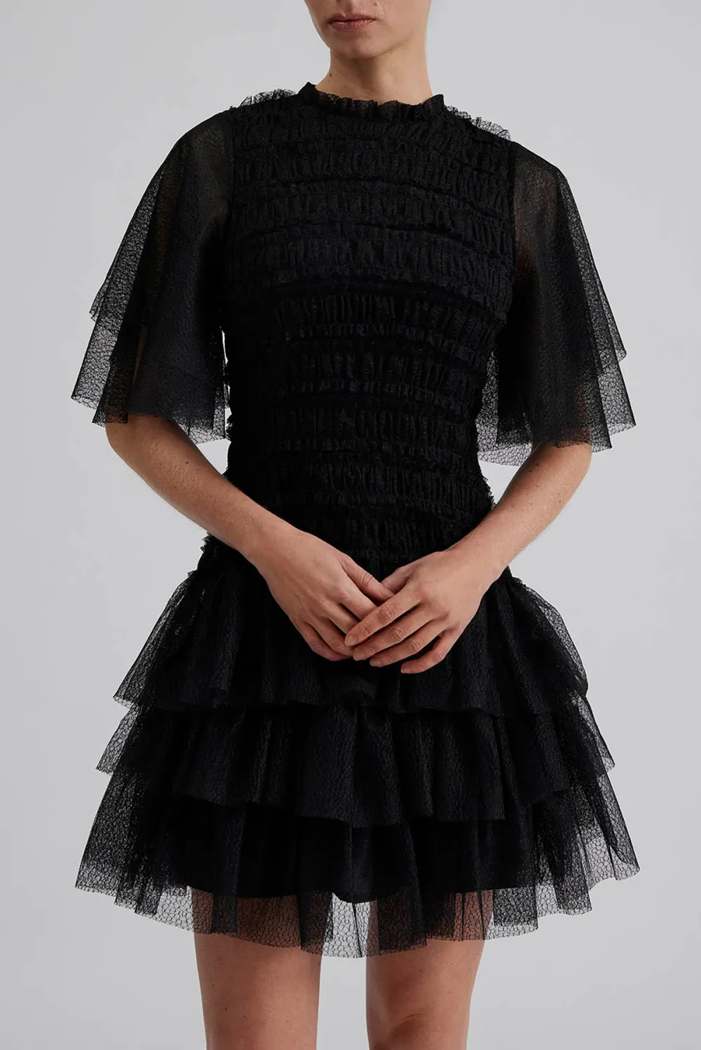 Mesh Ruffled Short Sleeve Mini Dress