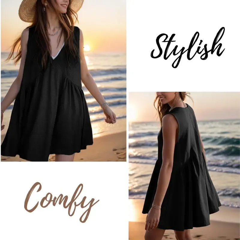Women's Sleeveless Mini Dress Casual Loose V Neck Sundress with Pockets