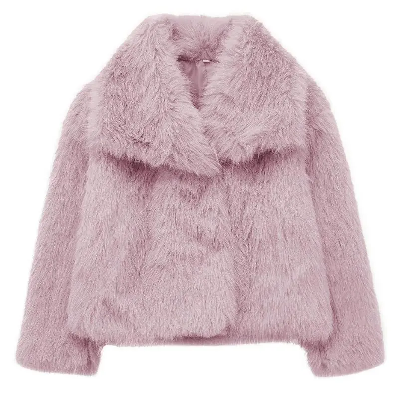 Women's Luxurious Oversize Solid Color Wide Lapel Snap Closure Fuzzy Thermal Outerwear, Fall & Winter Long Sleeve Outerwear, Faux Fur Outfit