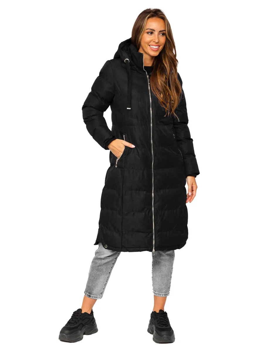 Black women's long quilted winter jacket with hood