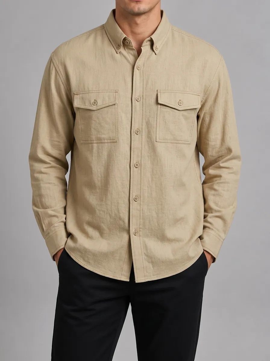 Men's Casual Khaki Double Pocket Button Down Shirt