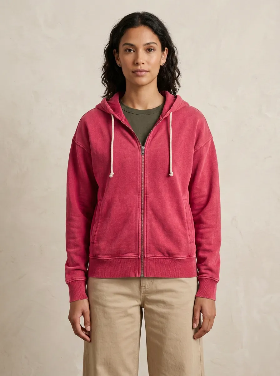 Refined Vintage-Wash Women's Zip-Up Hooded Jacket