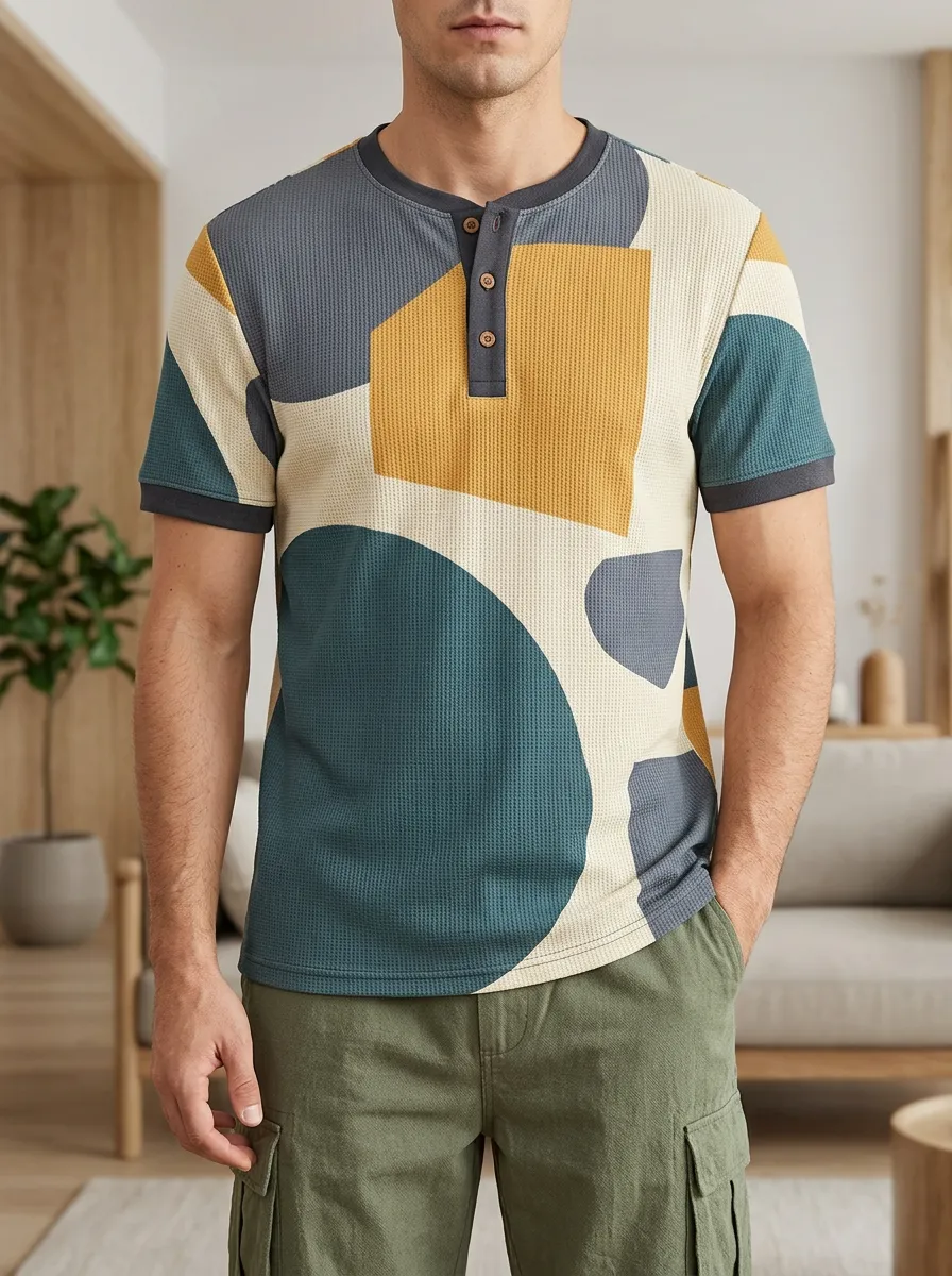Men's Modern Geometric Colorblock Waffle Knit Henley T-Shirt