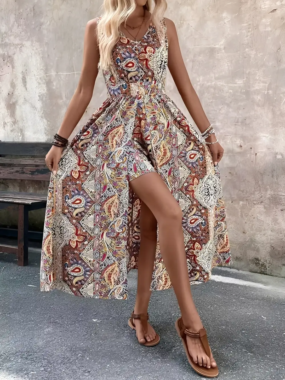 Boho Paisley V-Neck Sleeveless Slit Romper