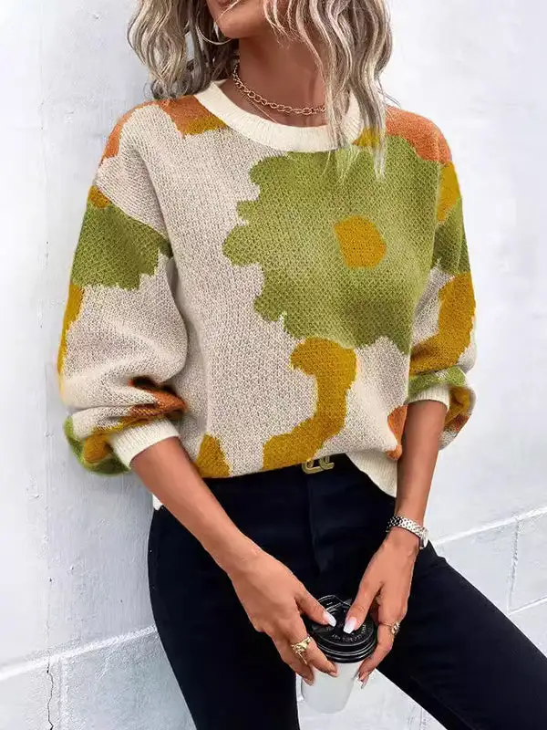 Floral Knit Floral Detail Asymmetric Paneled Round Neck Sweater