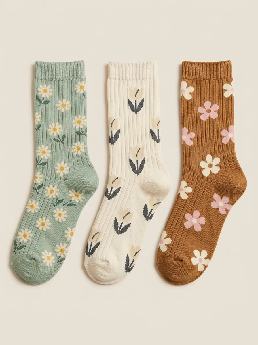 Vintage Inspired Daisy Tulip Floral Three Pair Sock Set