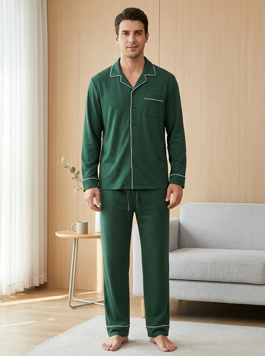 Classic Button-Down Waffle-Texture Men's Pajama Set