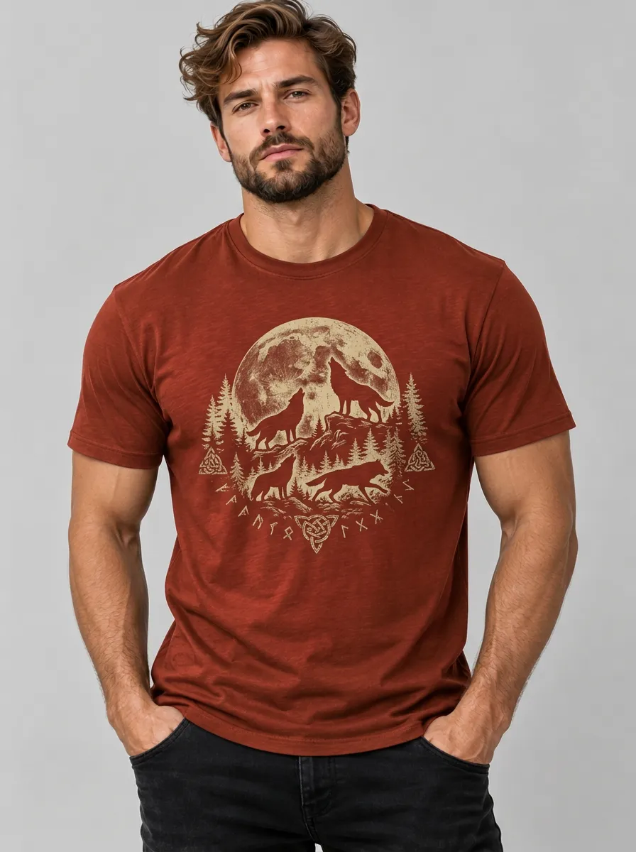 Men's Wolf Moon Forest Celtic Rune Graphic T-Shirt