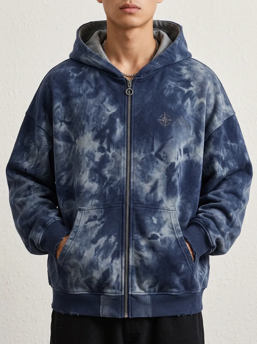 Men's Chest Embroidery Outdoor Adventure Compass Mountain Zip-Up Hoodie