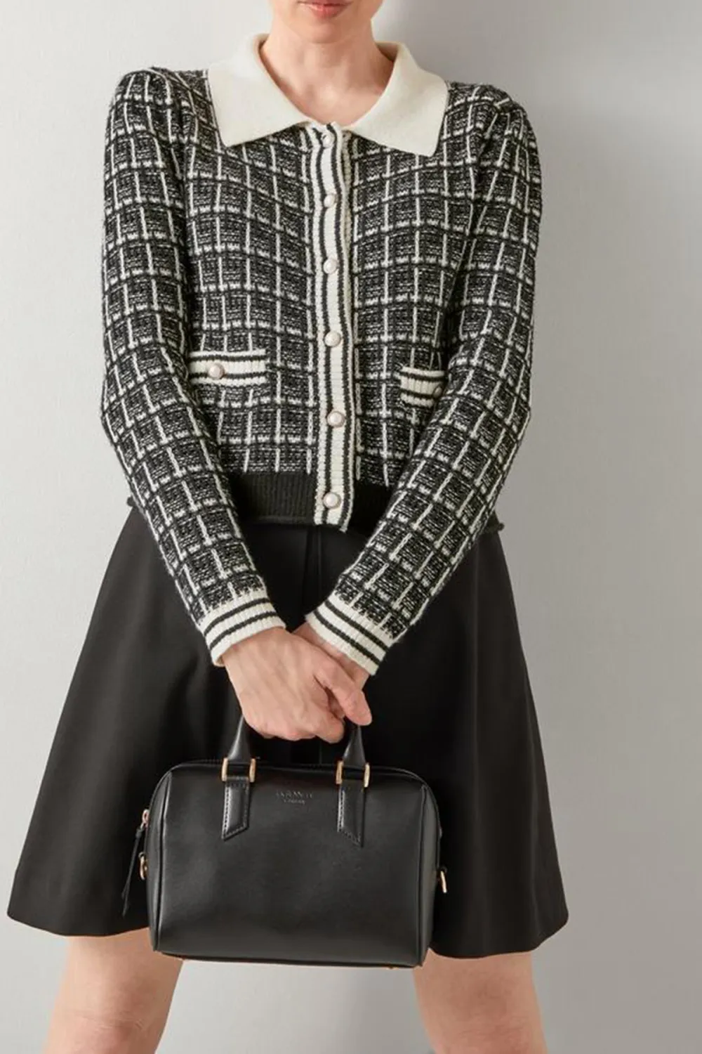 Black White Tweed Polo Collar Knit Cardigan