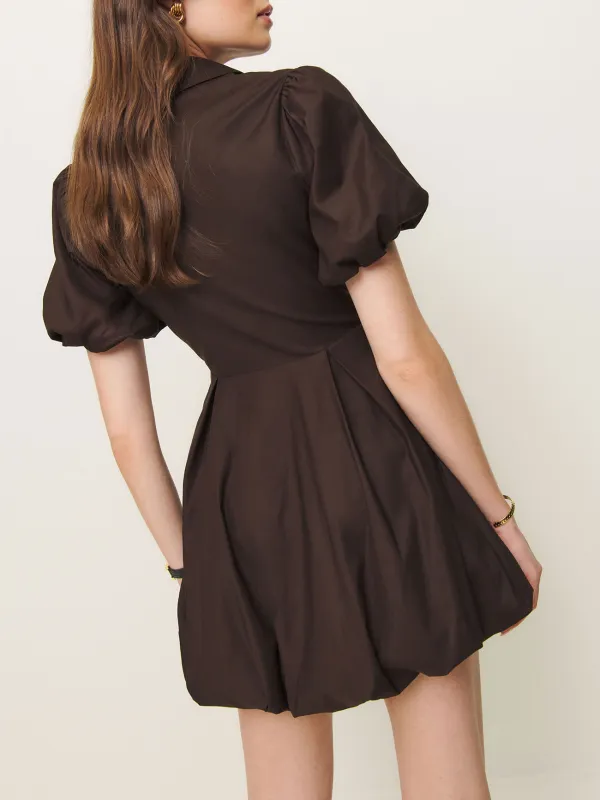 Button Front Puff Sleeve Mini Dress