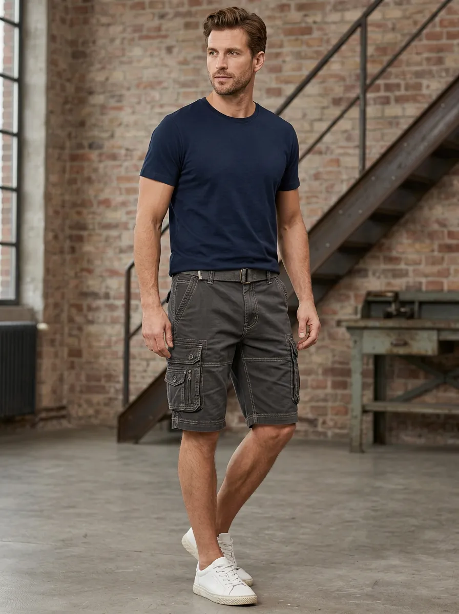 Men's Integrated Belt Multi-Pocket Cargo Shorts