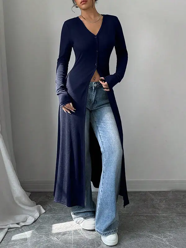 Long Sleeve Slim Fit Button Detail Front Slit V-Neck T-Shirt