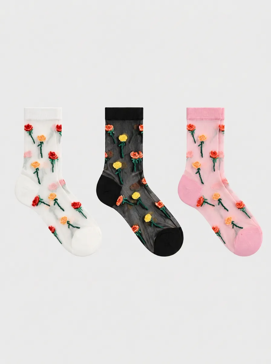 Women's Multicolor Rose Embroidered Sheer Crew Socks 3-Pack