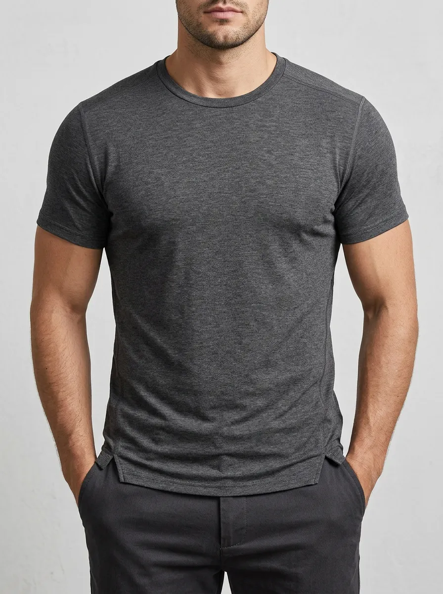 Casual Ribbed Curved Hem Crew Neck Profile Men's Slim Fit Short Sleeve T-Shirt