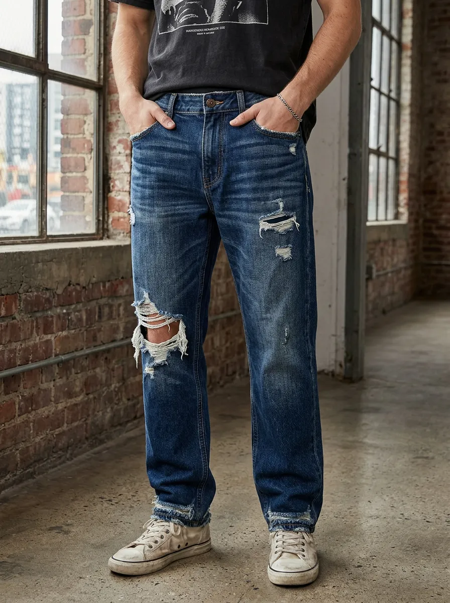 Men's Zip Fly Wash Ripped Jeans