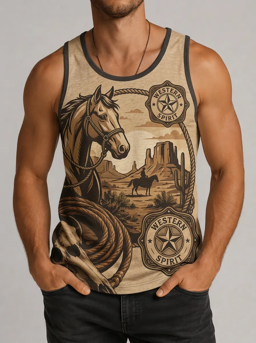 Men's Western Cowboy Lover Horse Desert Printed Tank Top