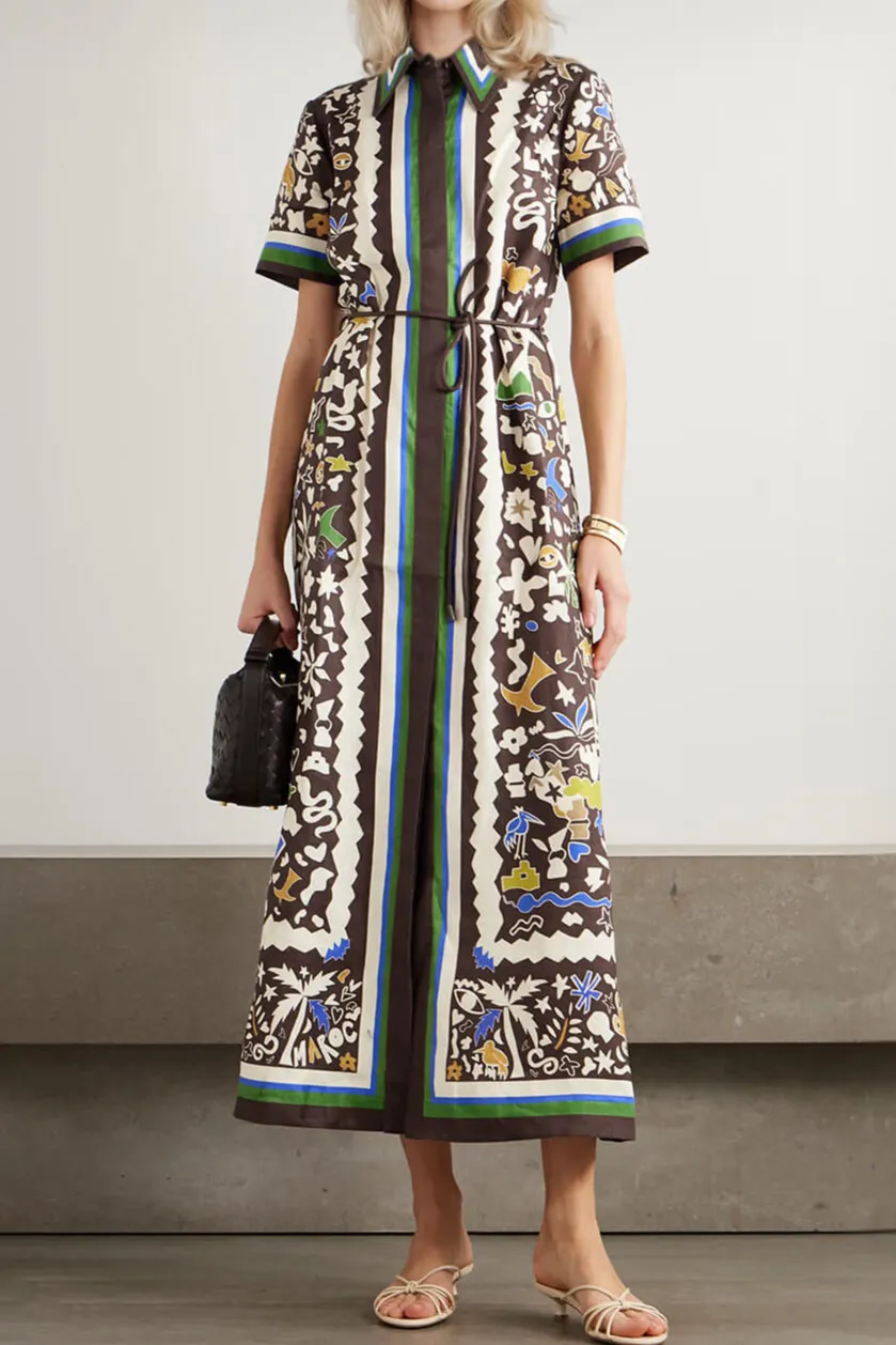 Retro Moroccan Print Belted Linen Midi Dress