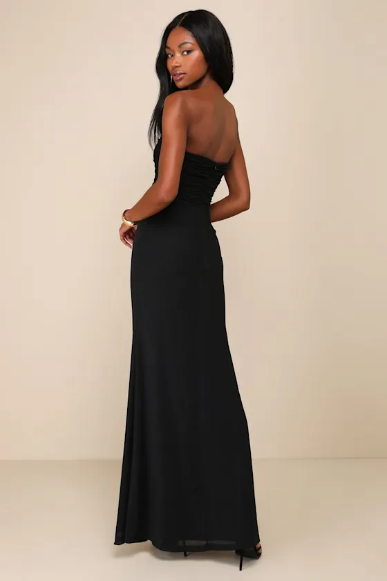 Epitome of Allure Brown Mesh Strapless Ruched Maxi Dress
