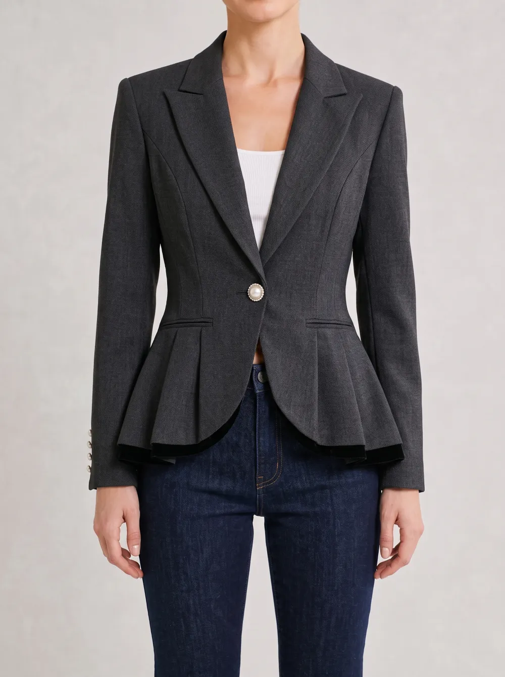 Women's Grey Peplum Pearl Button Tailored Blazer Jacket
