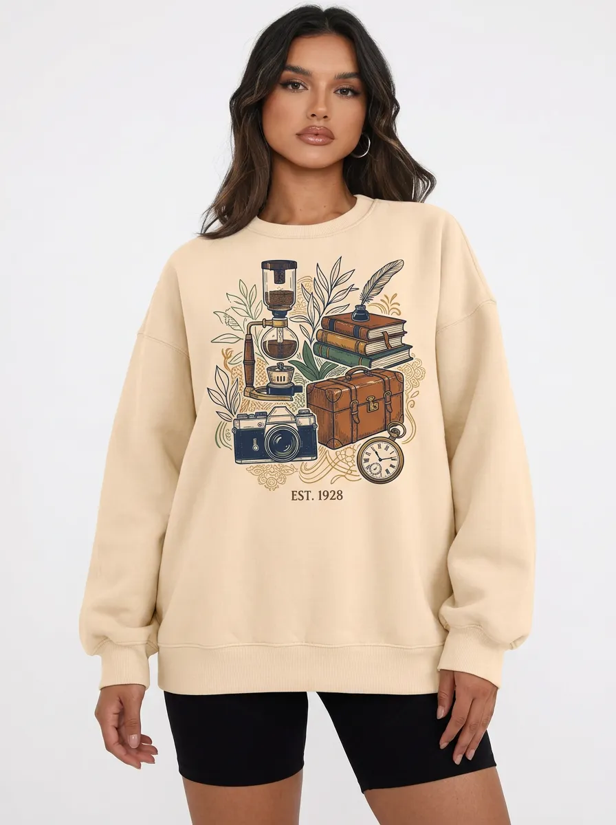 Women's Vintage Traveler Coffee Books Camera Graphic Crewneck Sweatshirt