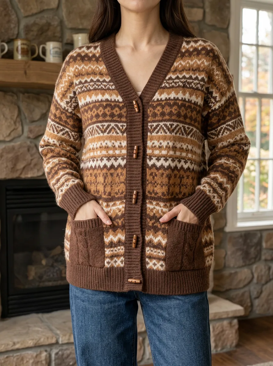 Women's Winter Boho Fair Isle Pattern Printed Button Front Relaxed Layering Cardigan