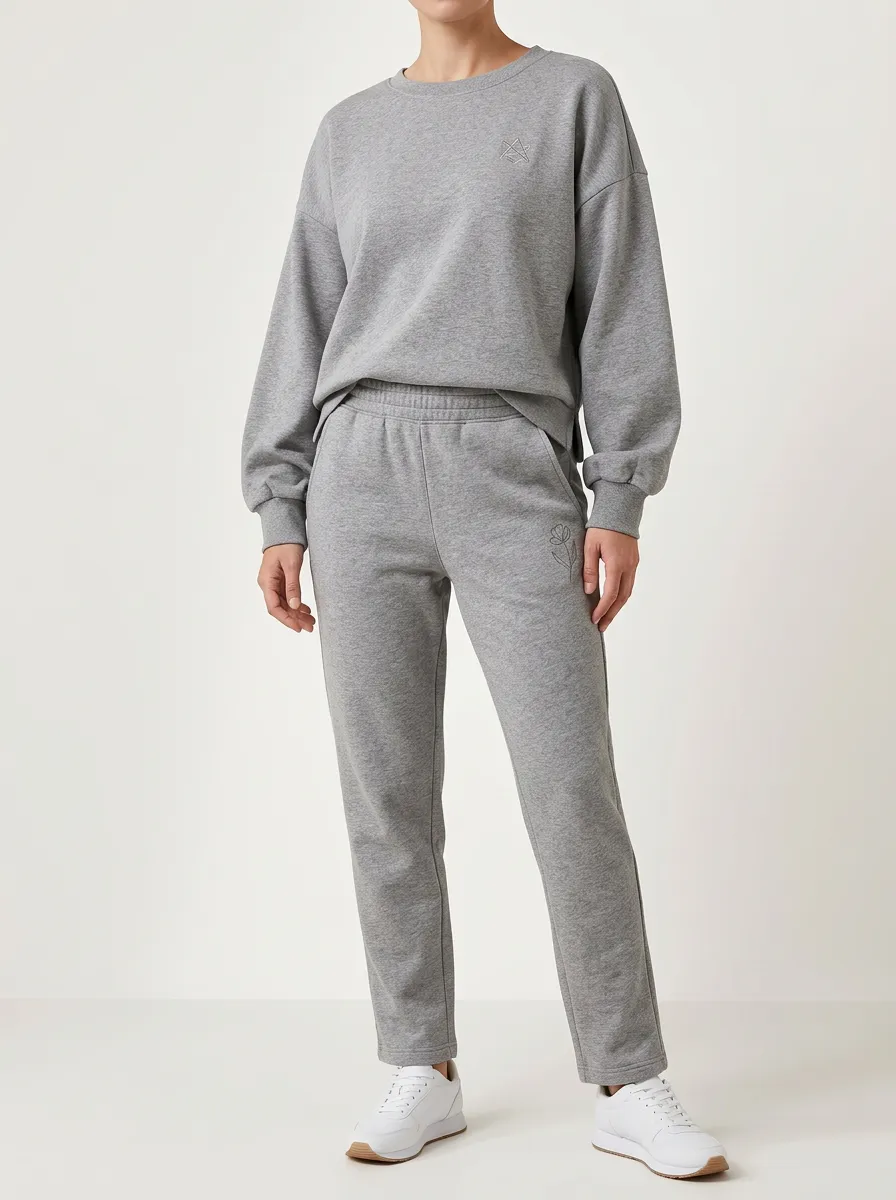 Grey Floral Detail Sweatshirt and Pants Set