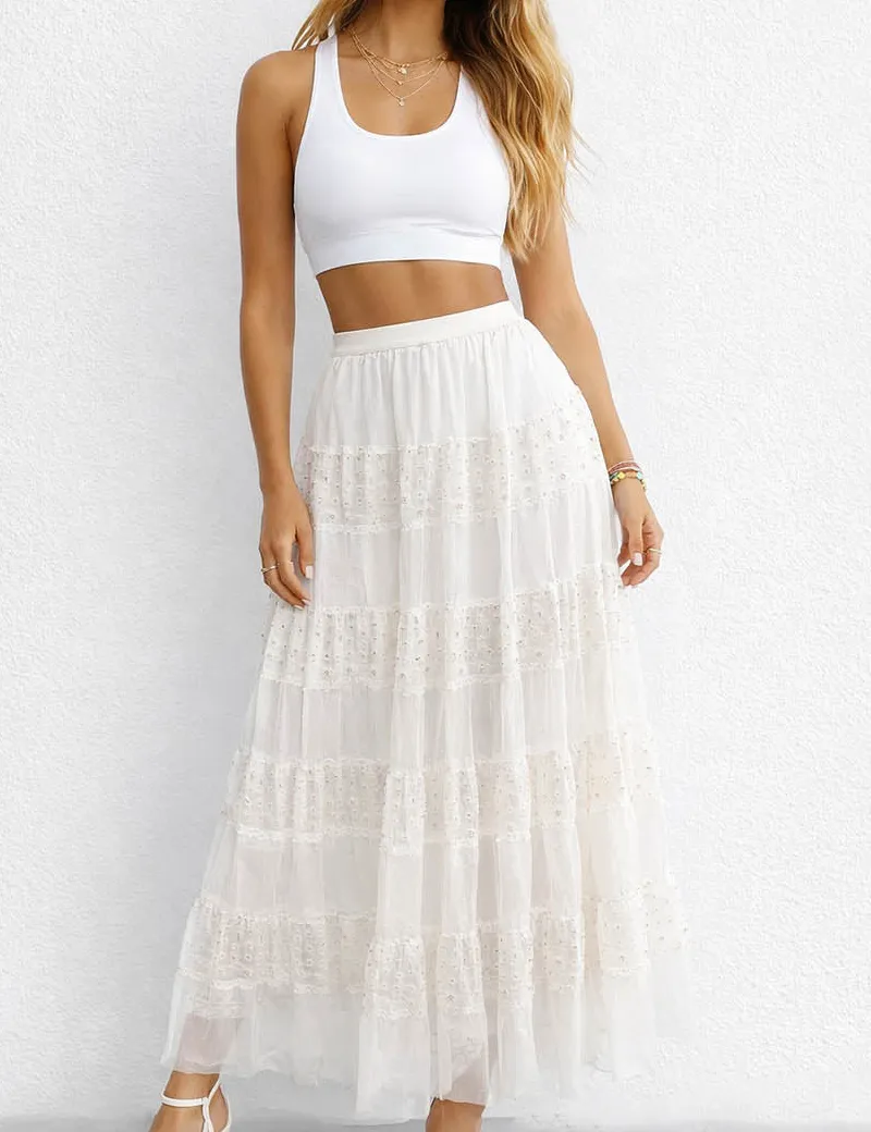 Elastic Waist Sequin Tiered Hem Mesh Maxi Skirt