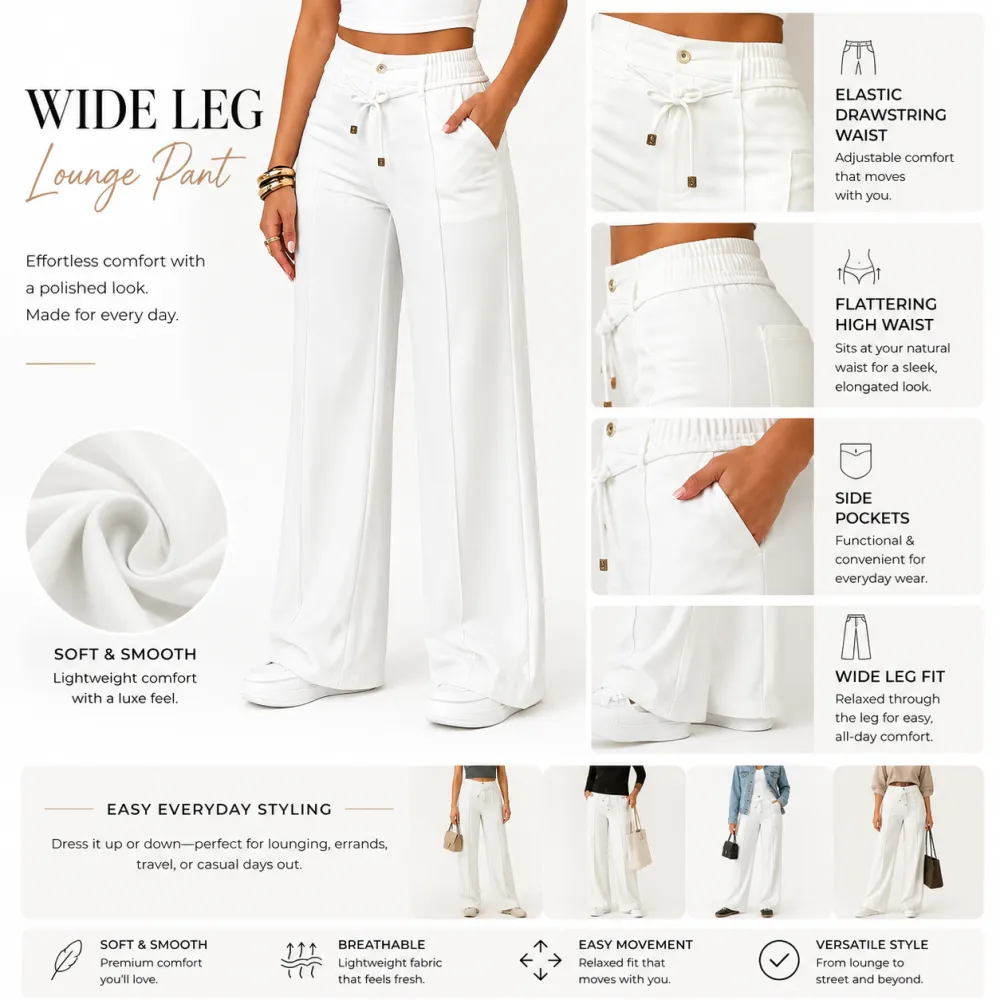 Women’s High Waisted Wide Leg Pants With Drawstring Waist Soft Lightweight Casual Trousers For Everyday Wear