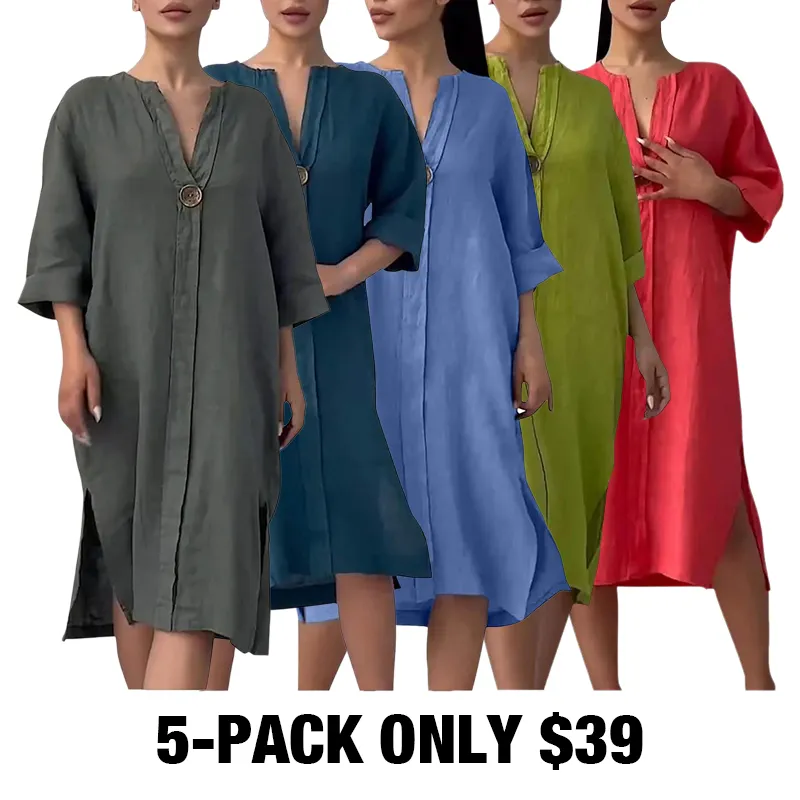 Women'S Solid Color Casual Cotton And Linen Dress-5-PACK