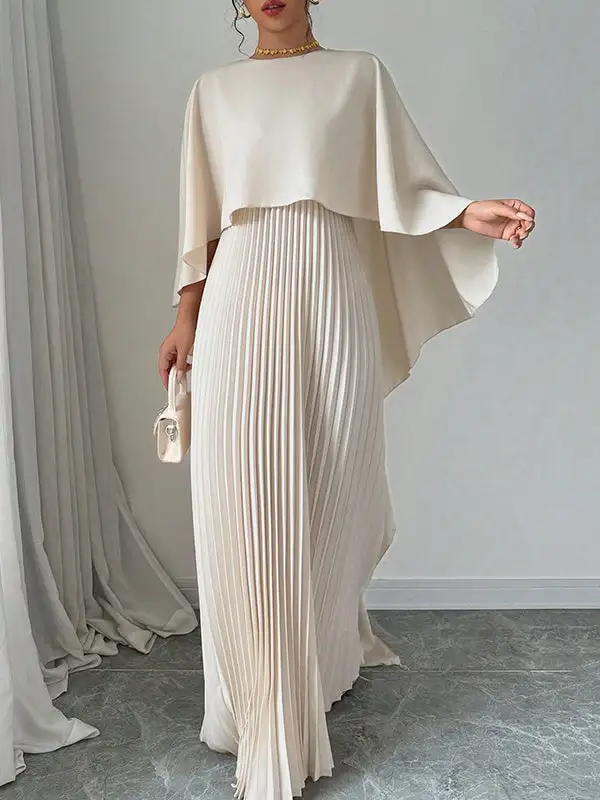 Versatile High Low Pleated Cape Maxi Dress