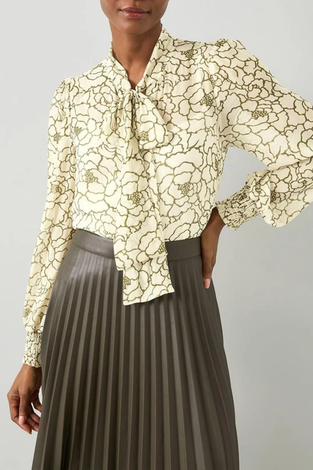 Cream Floral Print Tie Neck Long Sleeve Blouse