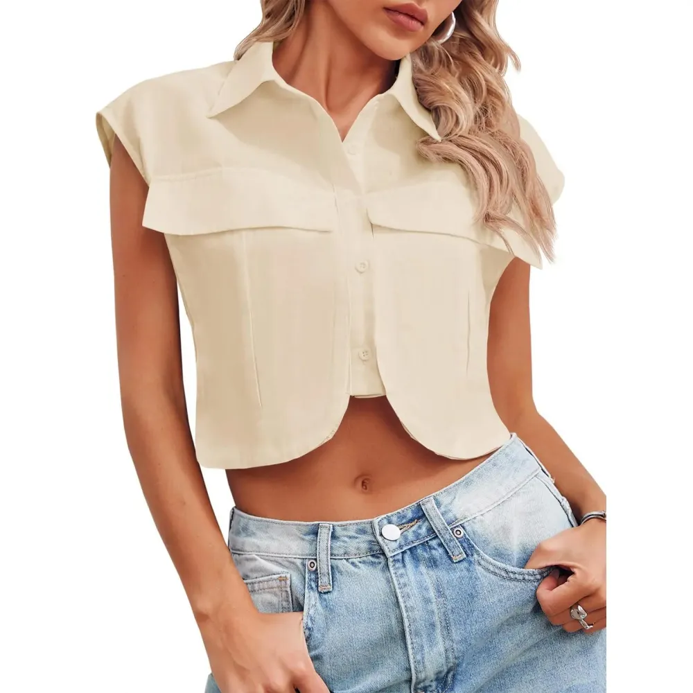 Womens Button Down Shirts Cute Summer Cap Sleeve Crop Tops