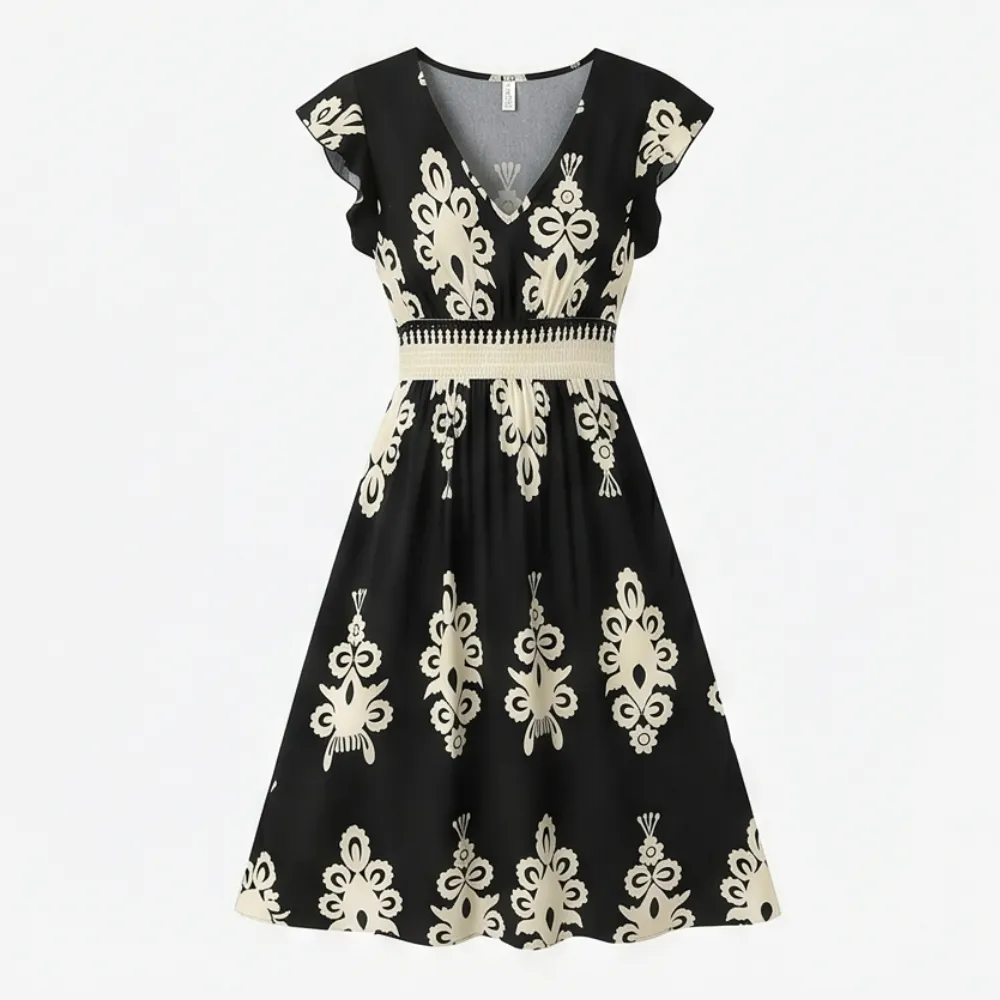 V Neck Printed Damask Midi Dress