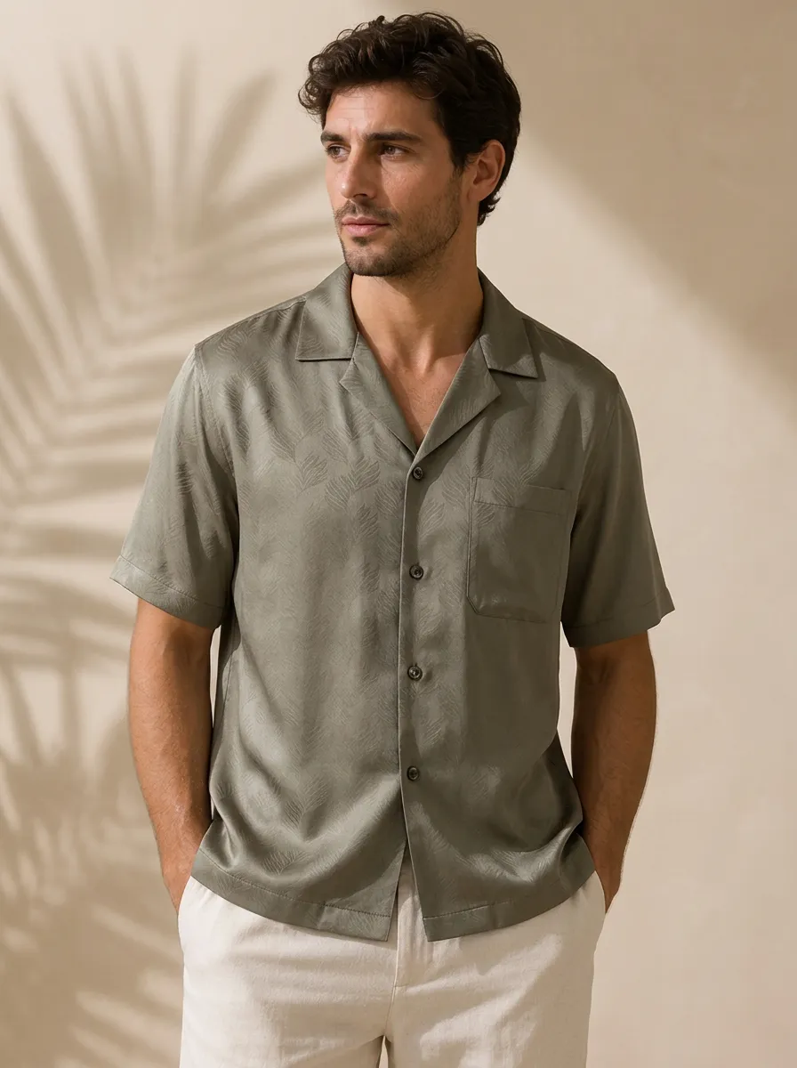 Men's Sage Green Leaf-Jacquard Camp Collar Shirt