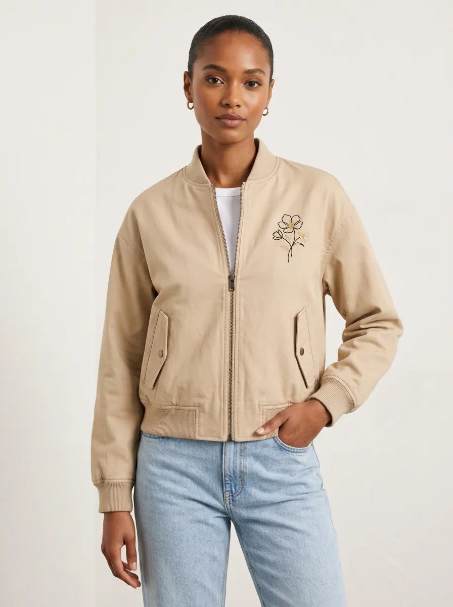 Women's Minimalist Floral Line Art Printed Bomber Jacket