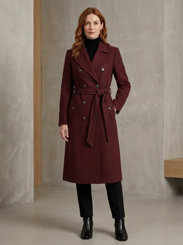 Women's Classic Charcoal Double-Breasted Belted Wool Coat