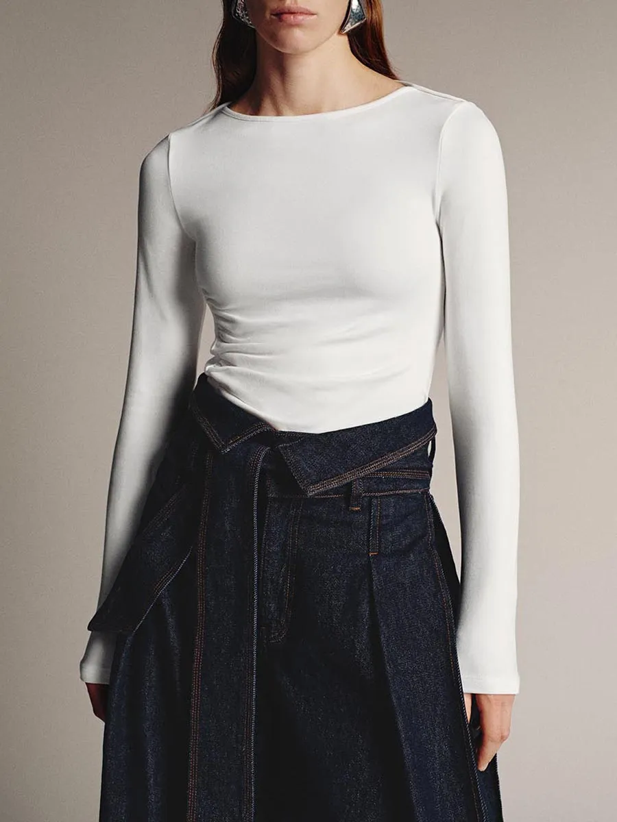 Ladies White Round-Neck Casual Style Fitted Long-Sleeved T-Shirt