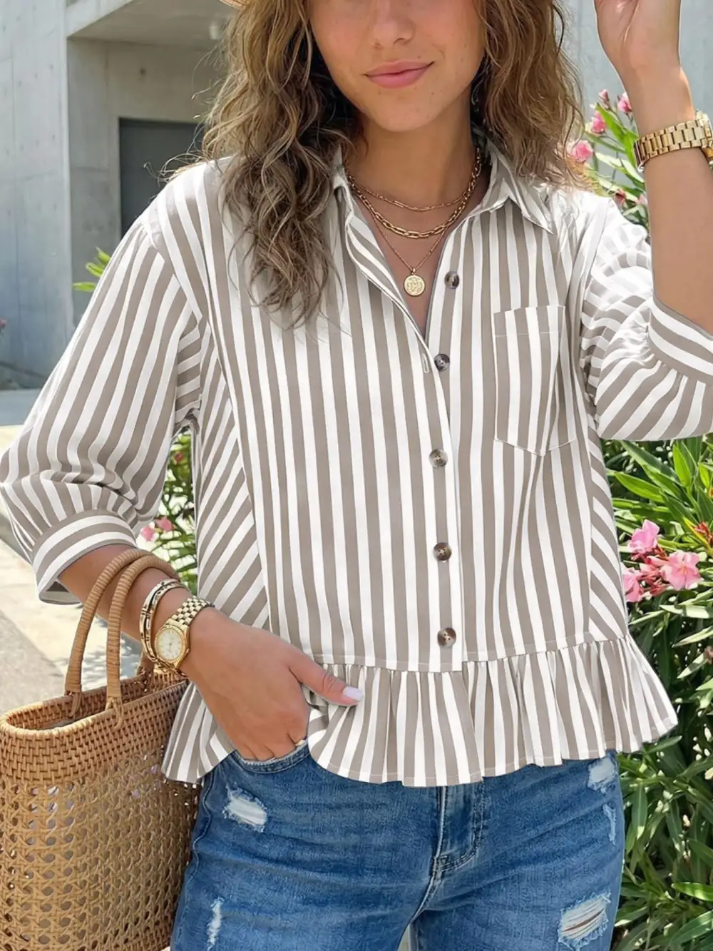 Striped Ruffle Hem Button Down Shirt