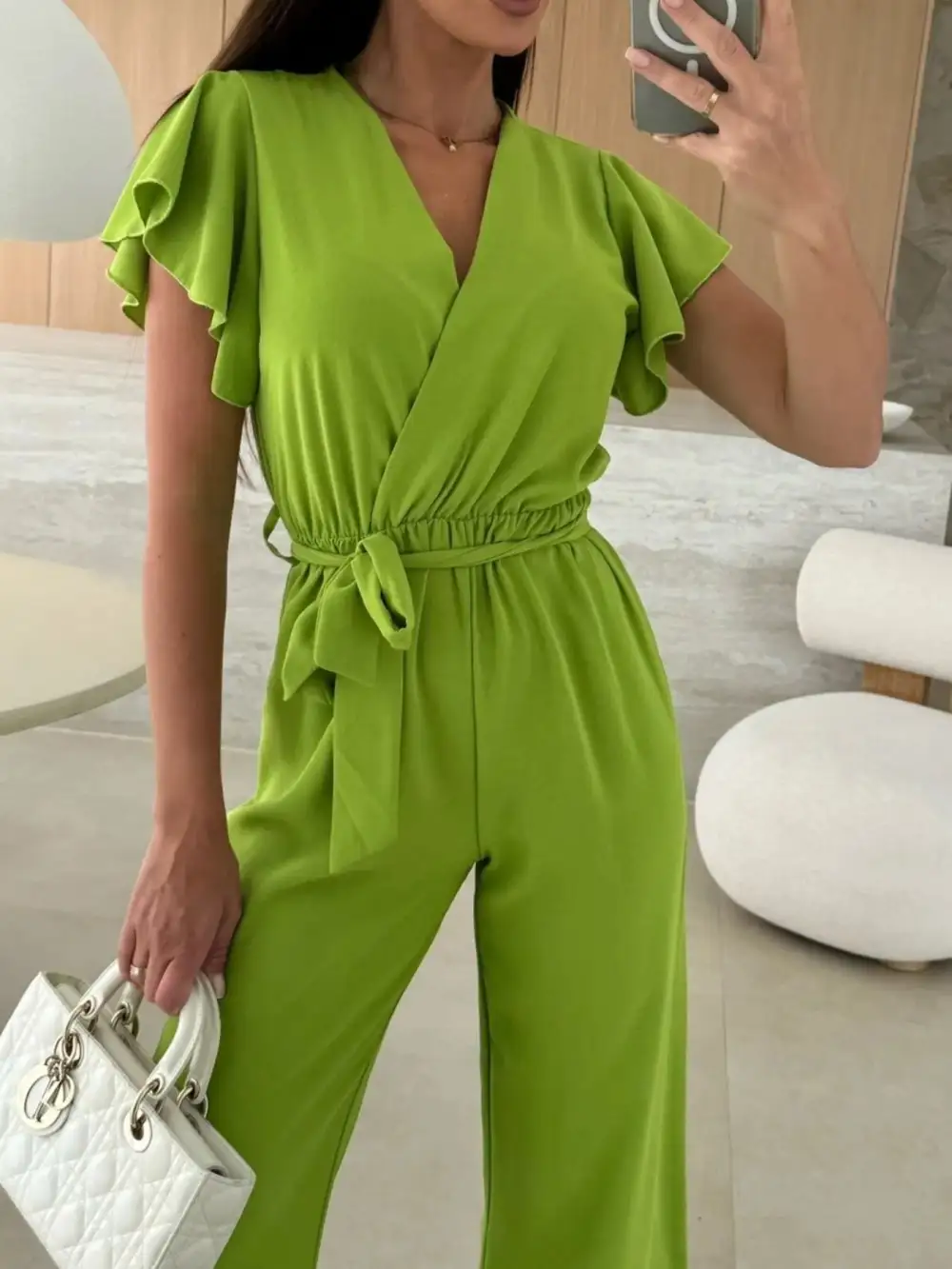 Surplice Wide Leg Belted Jumpsuit Pants