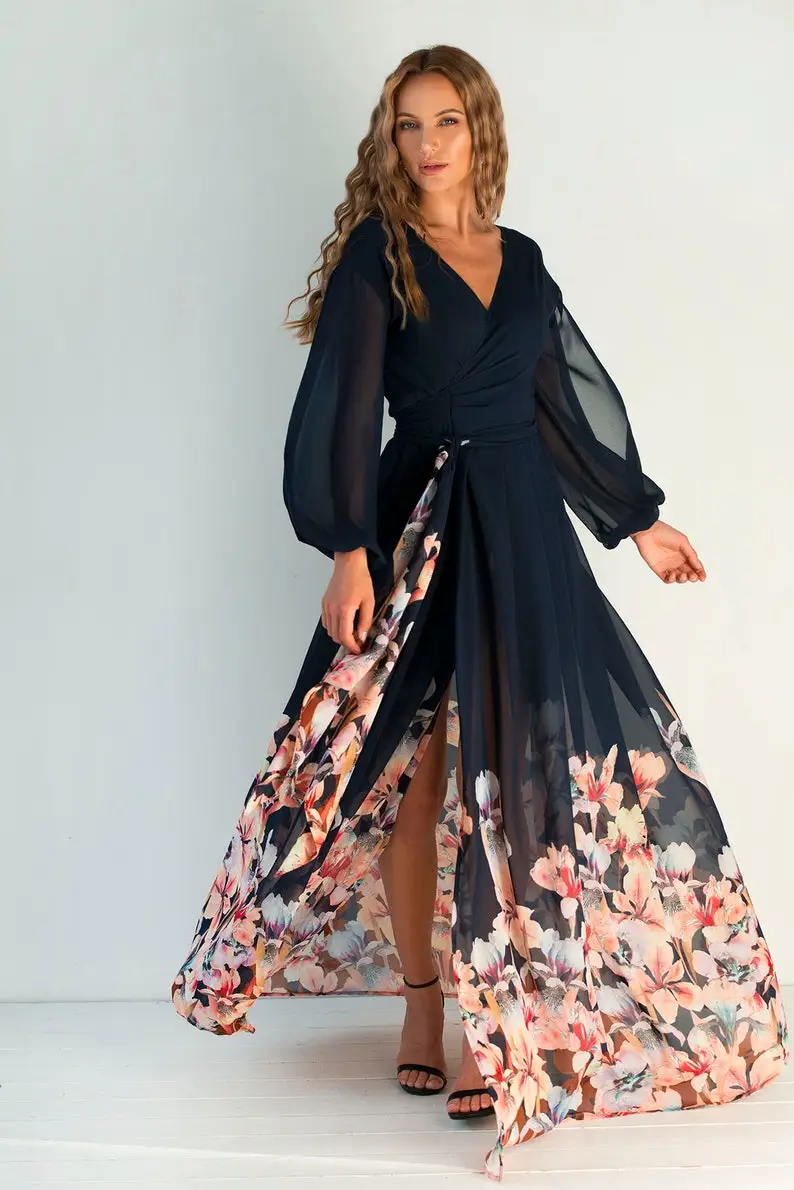Floral Wrap-over Dress FLORENCE - Long Wedding Guest Dress - Blue Dress For Womne - Chiffon Bridesmaid Dress