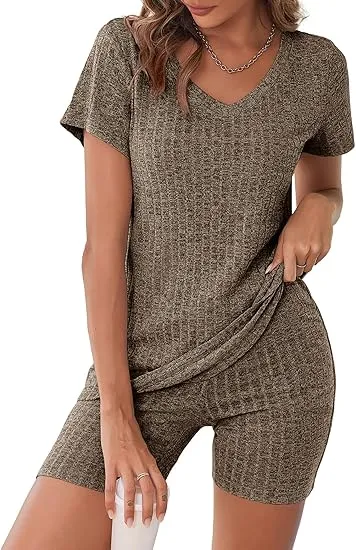 10PACK-Ribbed Pajama Short Sleeve Workout Set