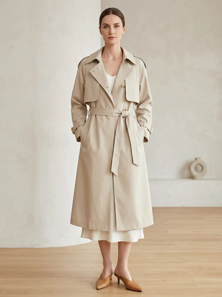 Women's Classic Minimalist Beige Belted Long Trench Coat