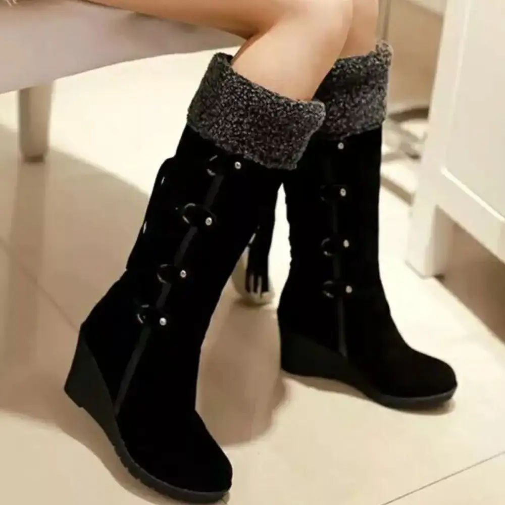 Suede Wedge Boots with Fur Cuff
