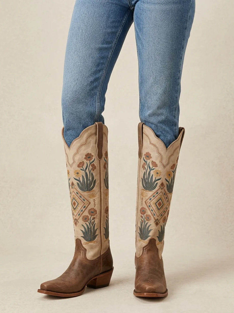 Women's Western Floral Geometric Embroidered Denim Over-the-Knee Boots