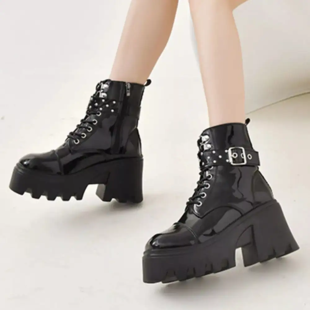 Platform Ankle Boots with Buckle and Studded Detail