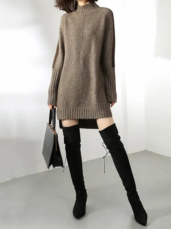 Relaxed Long Sleeve Contrast Color Half Turtleneck Sweater Dress
